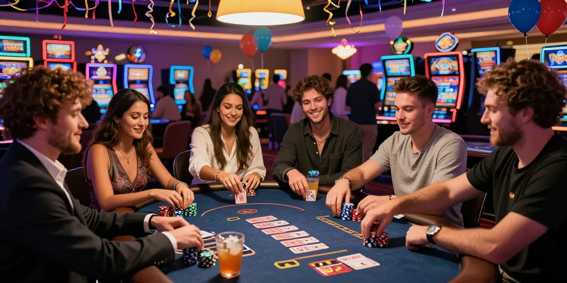 Friends enjoying vibrant casino atmosphere showcasing best credit card casinos experience with poker and celebration.