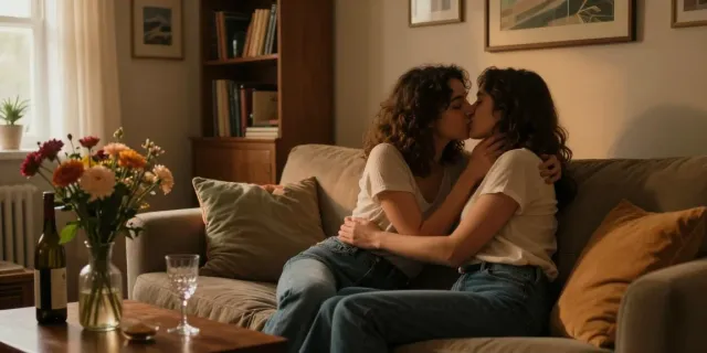 Lesbian porn scene capturing two women in an intimate embrace sharing a kiss in a cozy atmosphere.