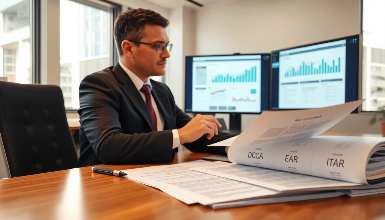 Consultant reviewing FCPA/DCAA/Flowdown/ITAR/EAR compliance documents in a professional setting.
