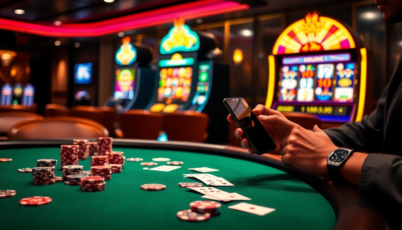 Experience the excitement of gaming with Onicplay as players engage with vibrant slot machines and elegant poker tables.