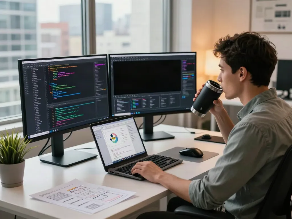 Developer using v2rayN in a modern tech workspace with dual monitors and creative elements.