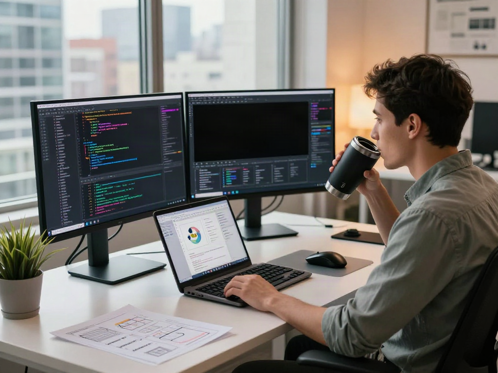 Developer using v2rayN in a modern tech workspace with dual monitors and creative elements.