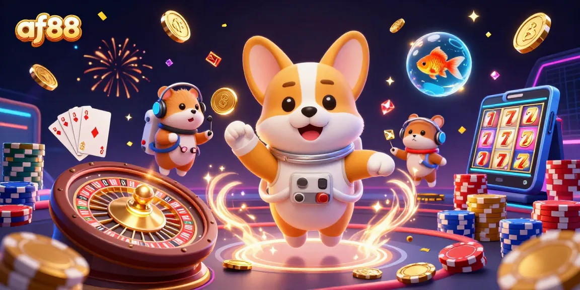 Experience thrilling gaming at af88 with floating treasures, a playful corgi, and immersive casino action.