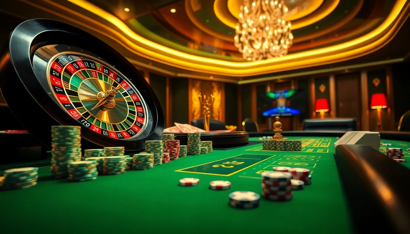 Découvrez le frisson du 'casino en ligne France fiable' avec une scène de casino élégante mettant en avant des éléments de roulette et de poker.