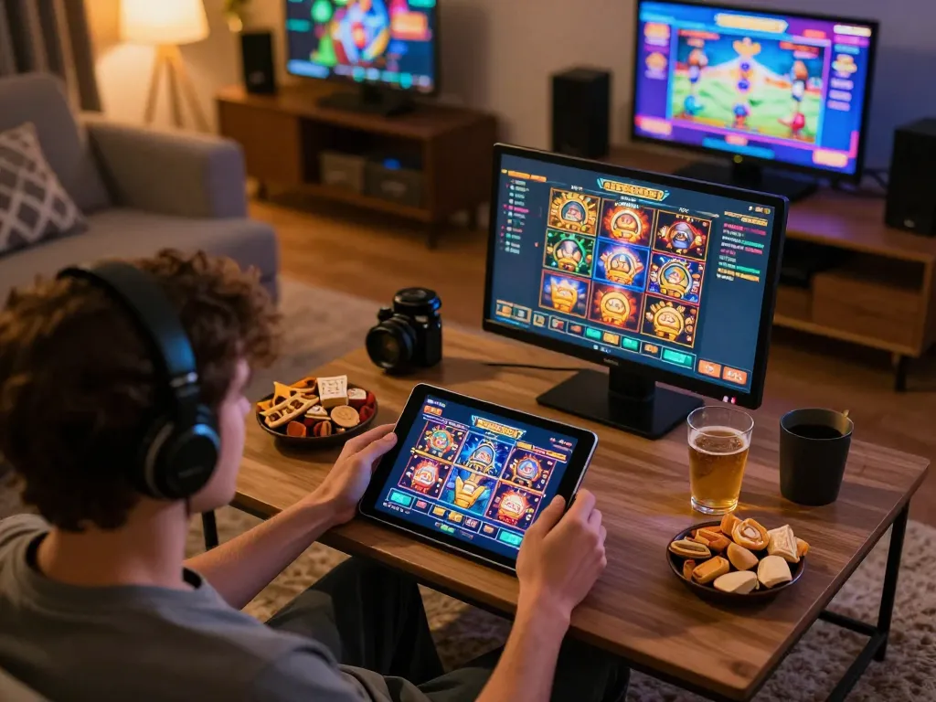 Player enjoying an exciting slot online session on a tablet in a cozy living room.