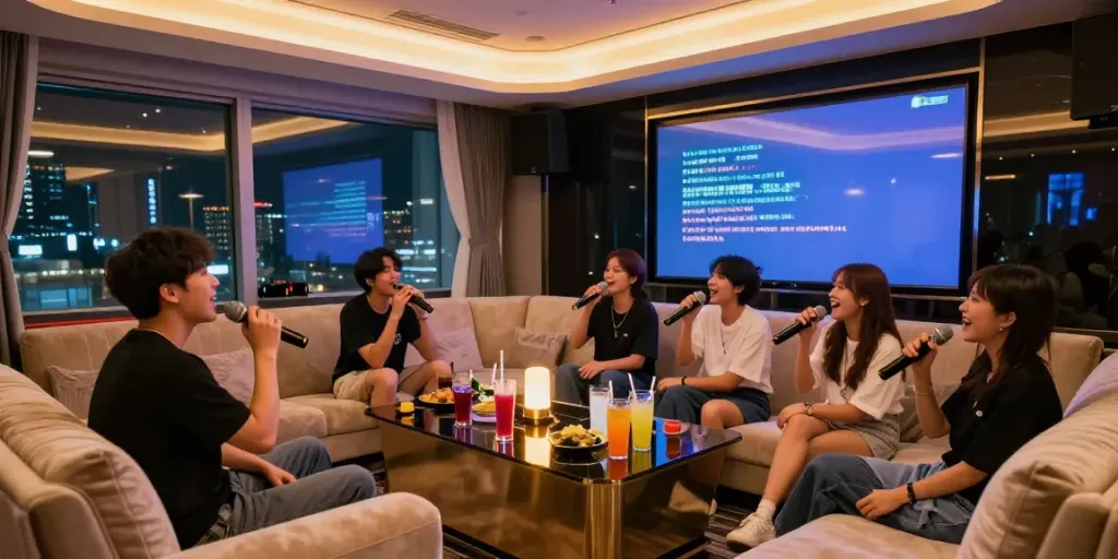 강남 달토의 고급 가라오케 룸에서 친구들이 즐겁게 노래하는 모습