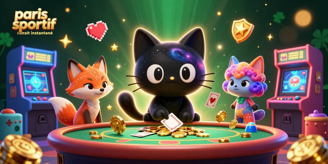 Pariez avec un retrait instantané paris sportif, illustré par un chat noir trou noir et un renard nébuleux dans un casino.