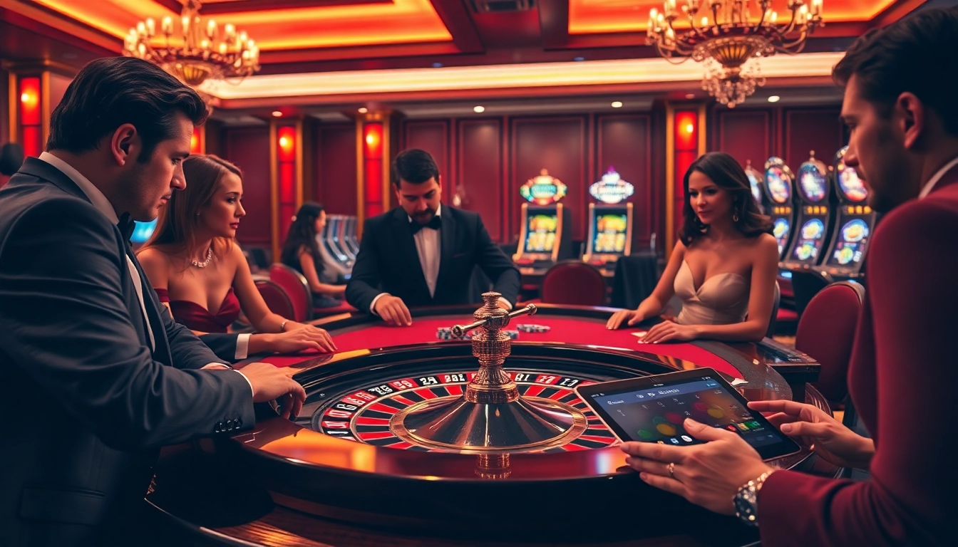 Joueurs engagés à une table dans un cadre luxueux, incarnant l'excitation et le professionnalisme d'un casino en ligne France fiable.