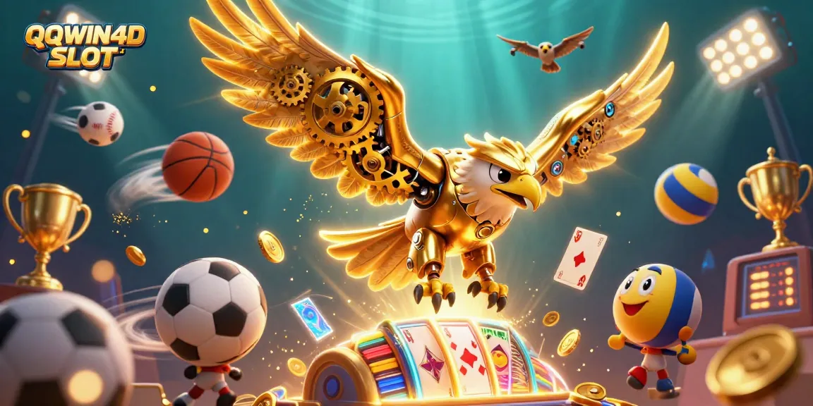 Jelajahi pengalaman seru bermain QQWIN4D SLOT dengan simbol slot dan kartu bermain yang bersinar.
