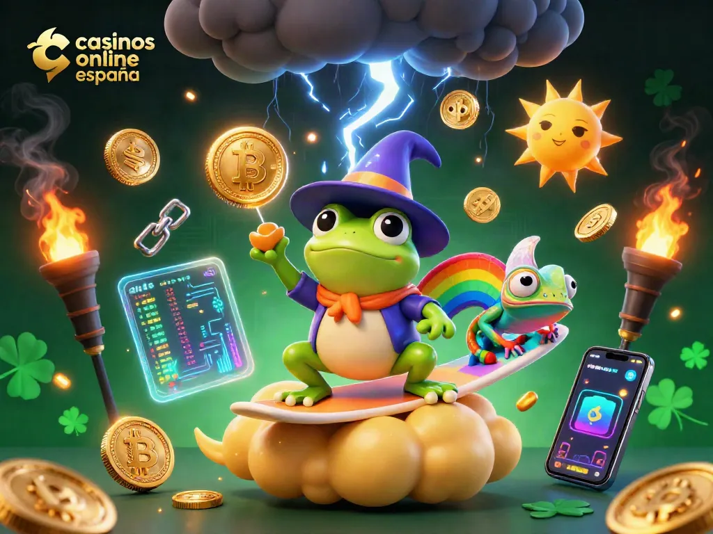 Gana en casinos online España con nuestra ilustración de un mago y criptomonedas brillantes.