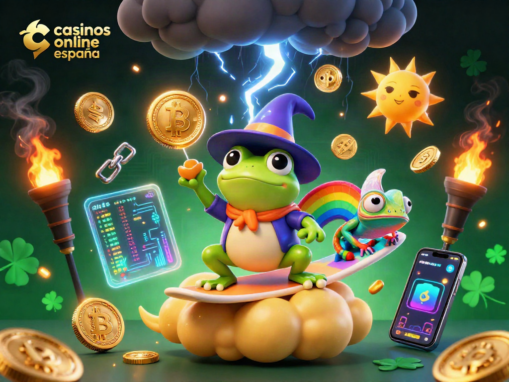 Gana en casinos online España con nuestra ilustración de un mago y criptomonedas brillantes.