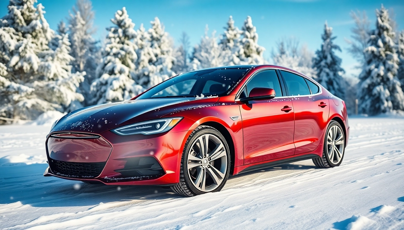 Showcasing PPF winter road salt protection on a glossy car in a snowy landscape.