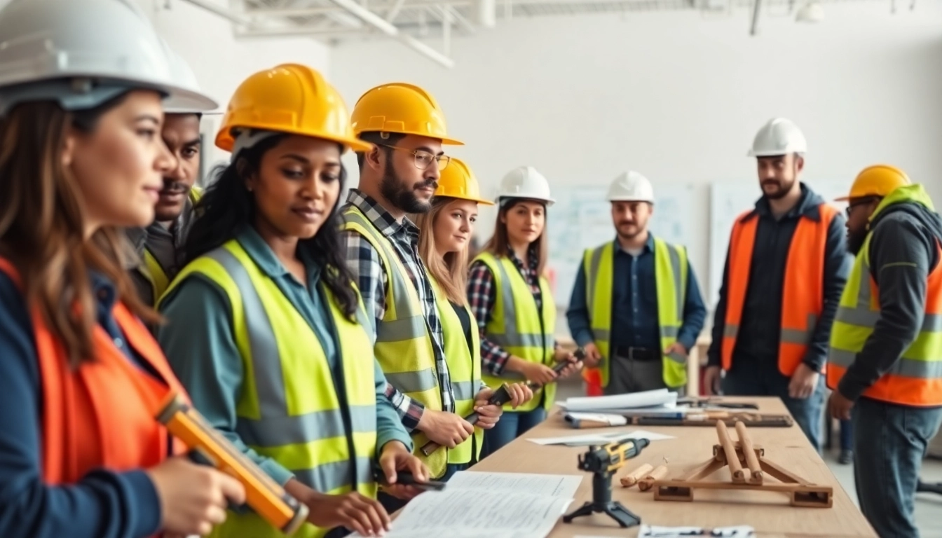 Engaged learners in construction training programs utilizing tools and safety gear.