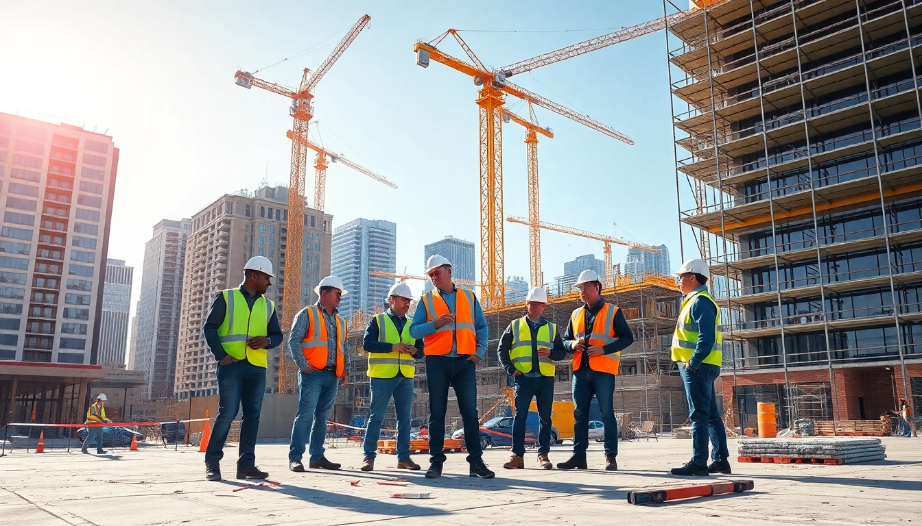 Construction association professionals collaborating on an urban site, showcasing teamwork and progress.
