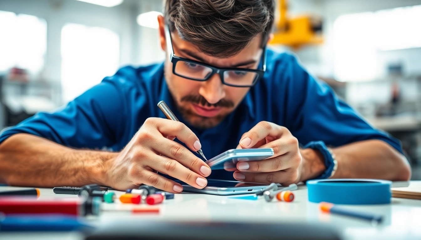Technician performing screen repair on a smartphone in a bright workshop environment.