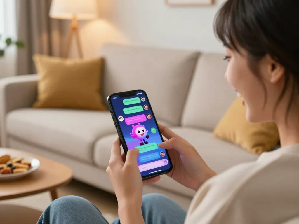 Vibrant scene of a person engaging with sexting AI on smartphone in cozy living room.