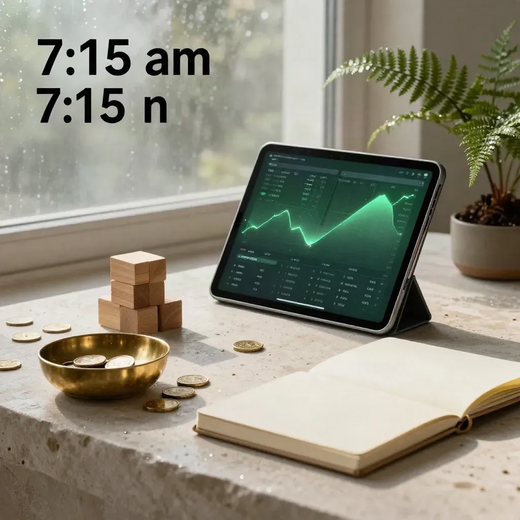 Post-rain investing starter setup with tablet, coin bowl, blocks, notebook and fern on pale stone.