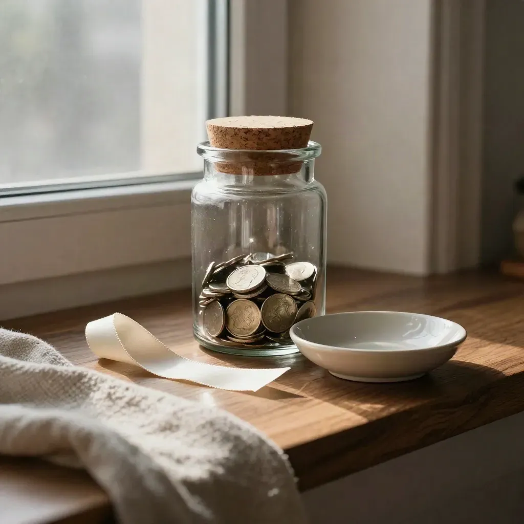 Glass savings jar with coins, ceramic dish and ribbon marker on a warm wood windowsill.