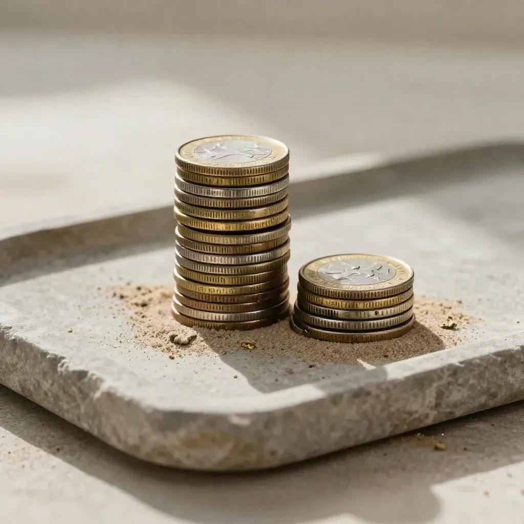 Two coin stacks on a stone tray with sand erosion, one stack worn down