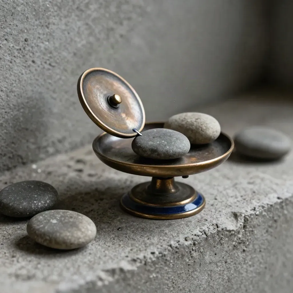 Macro of a bronze balance toy tipping on concrete beside three smooth stones