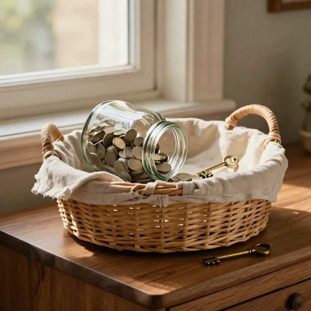 Woven basket catching a coin jar and brass key on pale wood by soft window light
