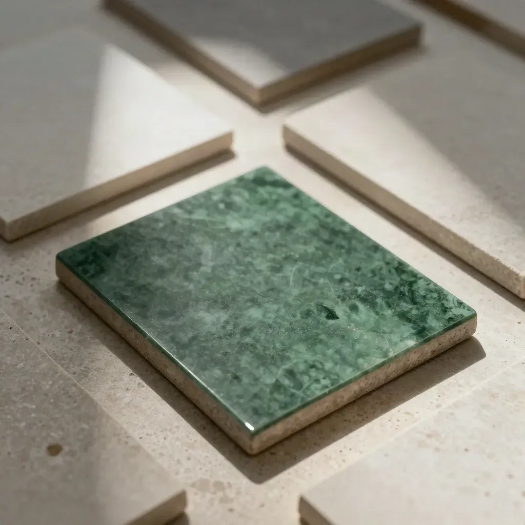 Deep-green sample tile centered among pale stone samples in moody soft light.