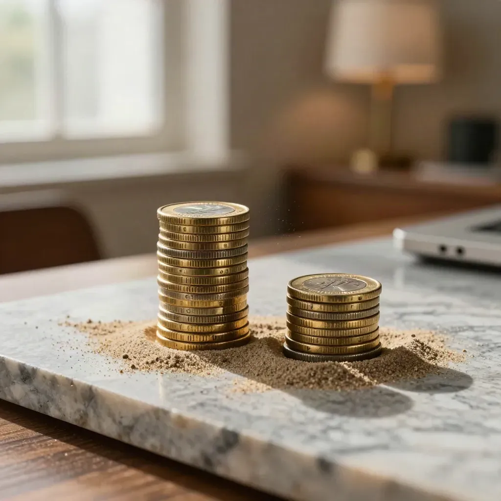 Two worn coin stacks on stone with scattered sand in warm window light.