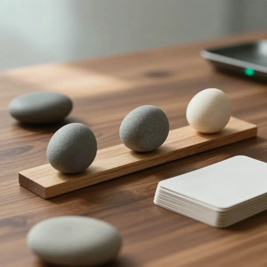 Weighted game stones tipping a balance beam beside a fan of plain cards on walnut.