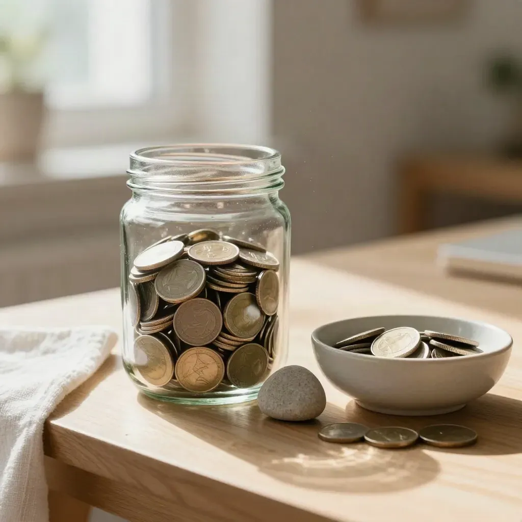 Clear jar of coins beside a stone marker and ceramic bowl on a pale wood table.