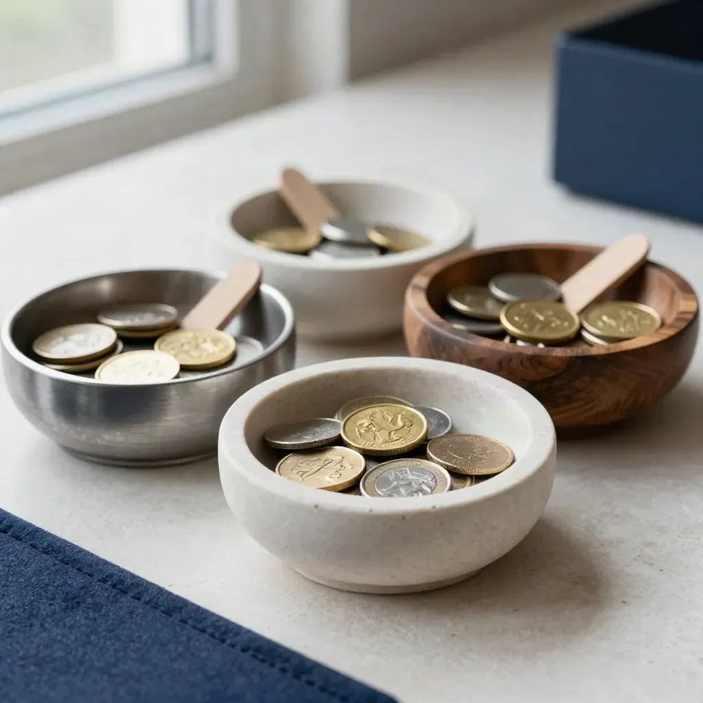 Top-down bowls with stone, coin, and wood tokens arranged like an allocation split.