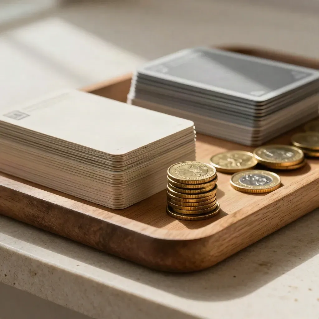 Lean card stacks, a thin coin pile, and an oak tray in moody finance lighting
