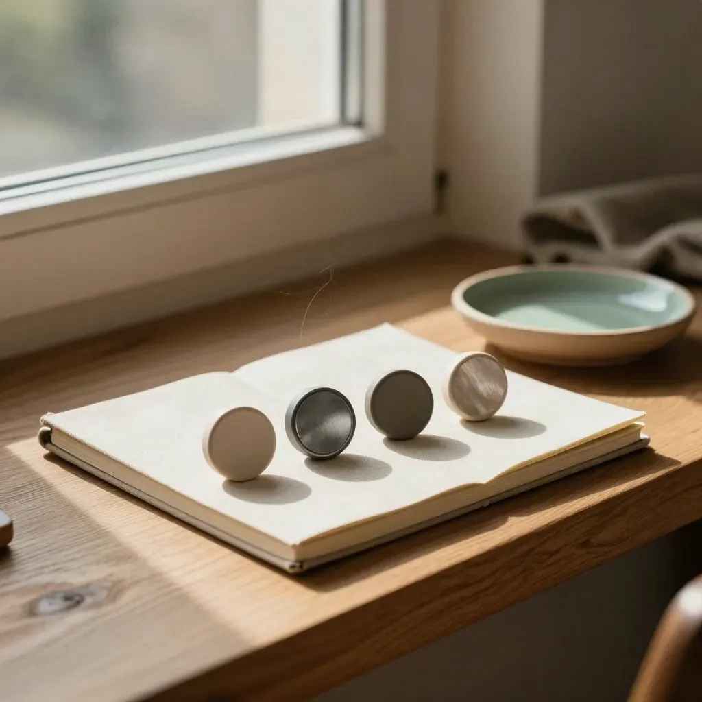 Four neutral tokens beside a closed notebook and clay dish on a warm window seat.