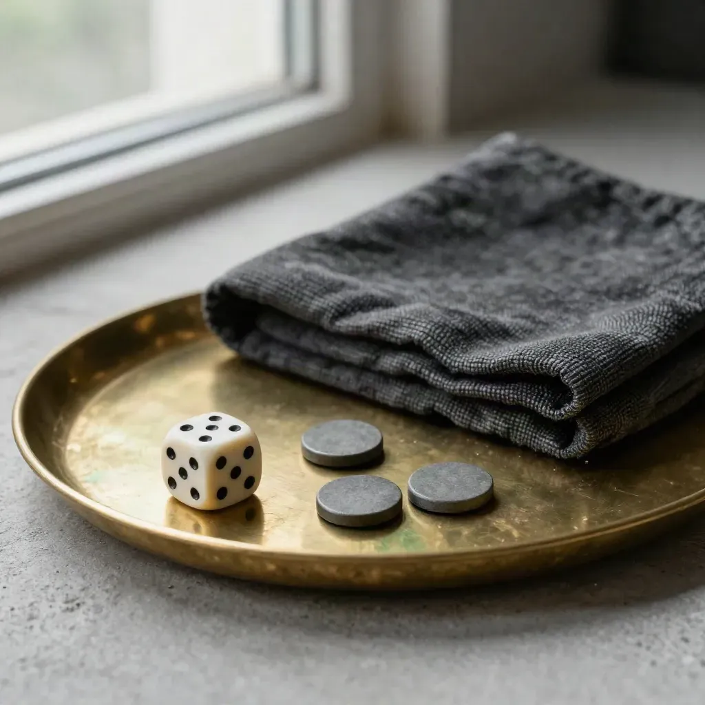 Brass tray with dice, tokens and charcoal cloth on concrete, softly lit from above-left.