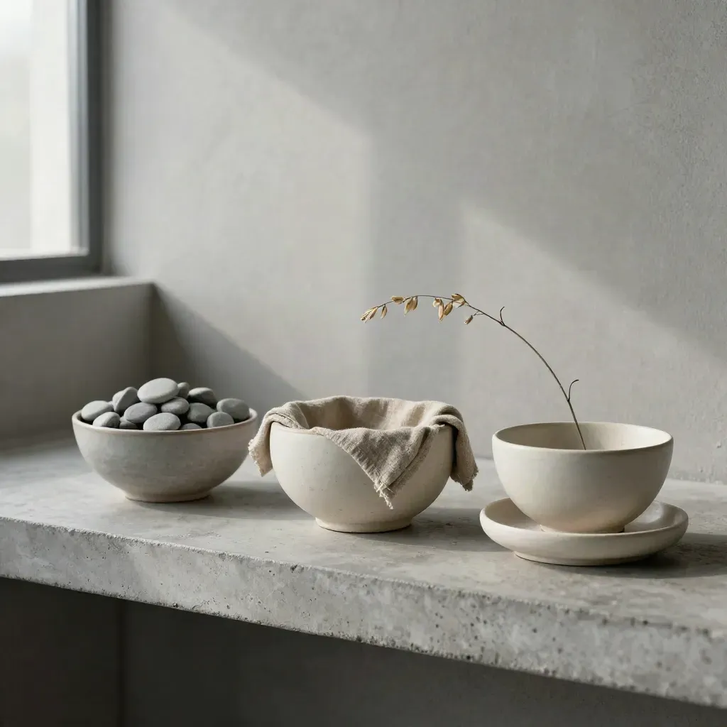 Three ceramic bowls with stone tokens, linen, and a plant stem on a concrete shelf