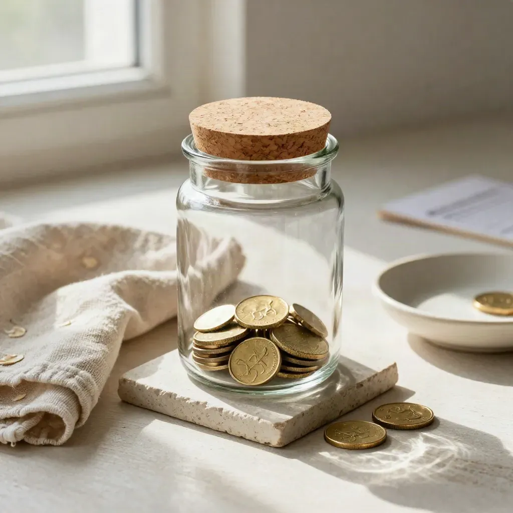 Glass savings jar with coins, cork lid, stone coaster and linen on pale wood