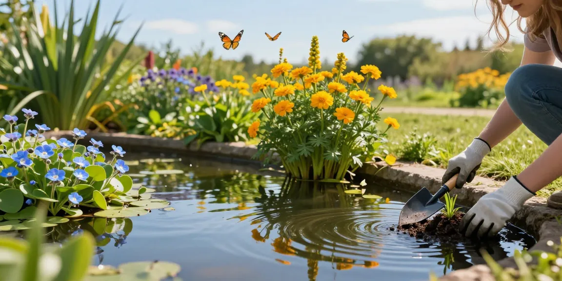 Vibrant display of Marginal Pond Plants flourishing by a serene garden pond.