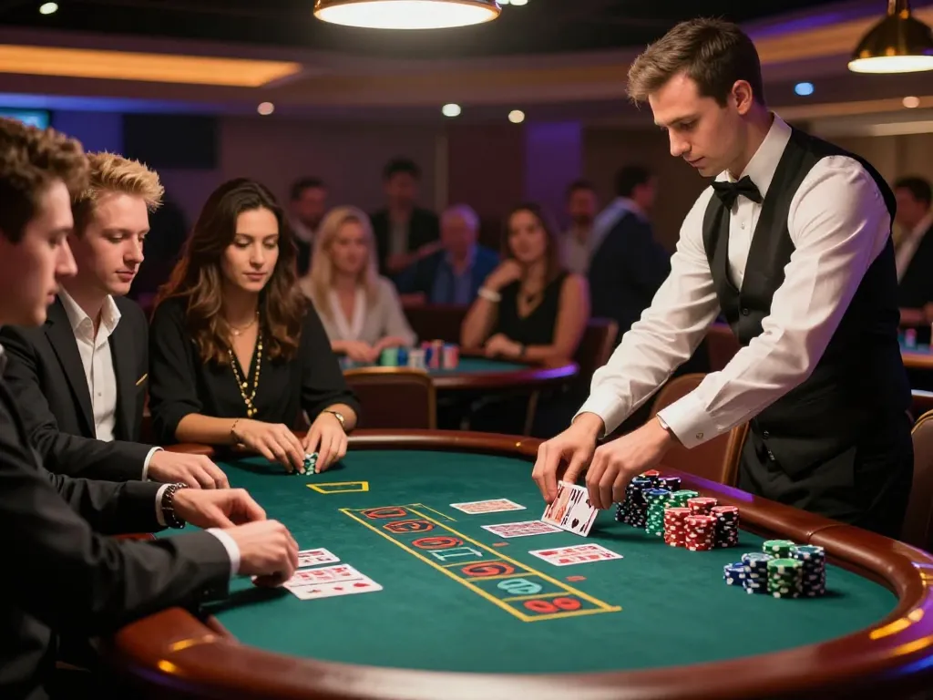 Players engaging with dark web links in an intense blackjack game, colorful chips stacked in front of them