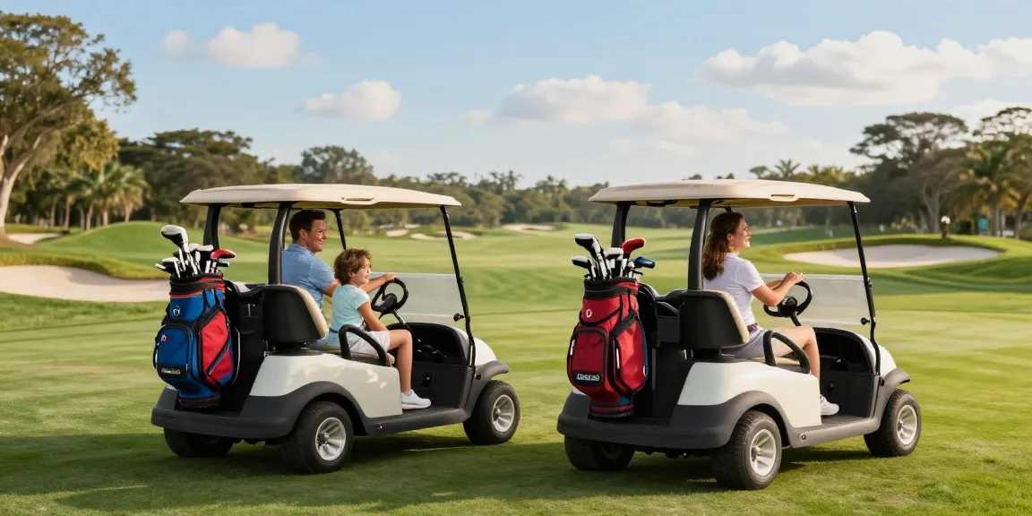 Buy electric golf cart: Family enjoying a sunny day on the golf course in electric golf carts.