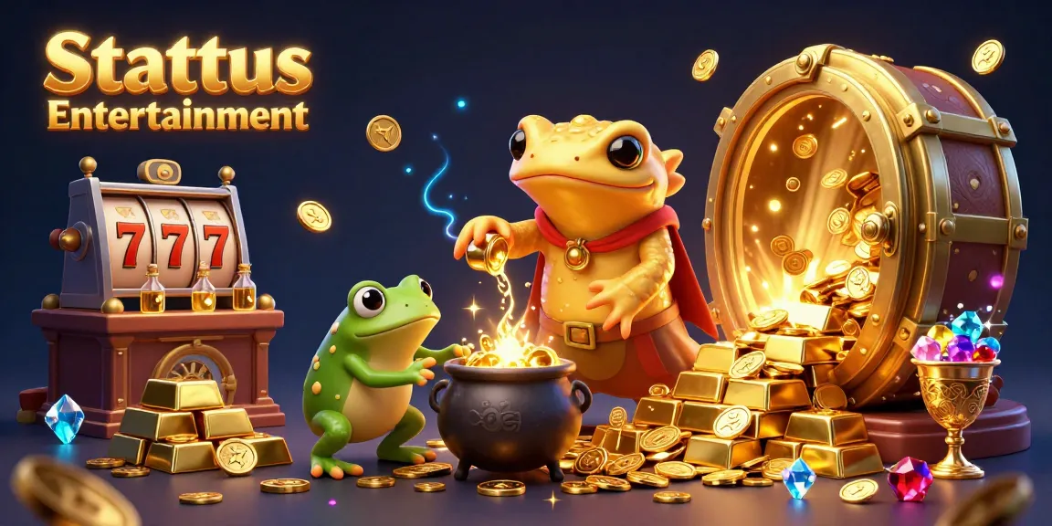 Experience the thrill of gaming with Stattus Entertainment's vibrant scene, featuring slot machines and golden treasures.