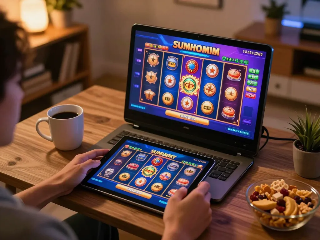 Permainan judi online yang menarik dengan permainan slot link yang terlihat di layar tablet, menampilkan antarmuka yang berwarna-warni.