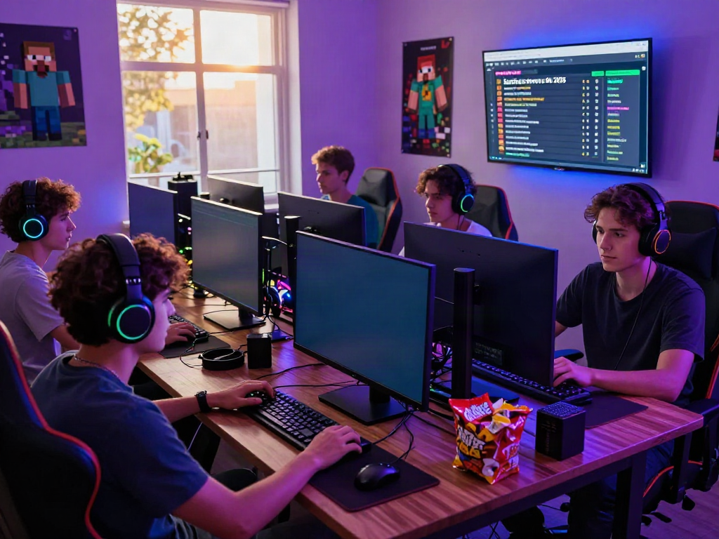 Friends playing on Minecraft servers in a vibrant gaming lounge.