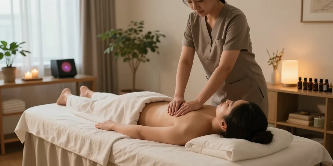 창동출장마사지 중인 고객과 전문 마사지 치료사, 편안한 홈 마사지 환경을 강조한 이미지.