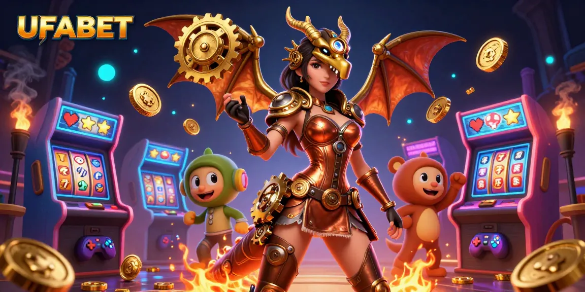 Experience thrilling gameplay at UFABET with a vibrant 3D illustration of slot machines and game elements.