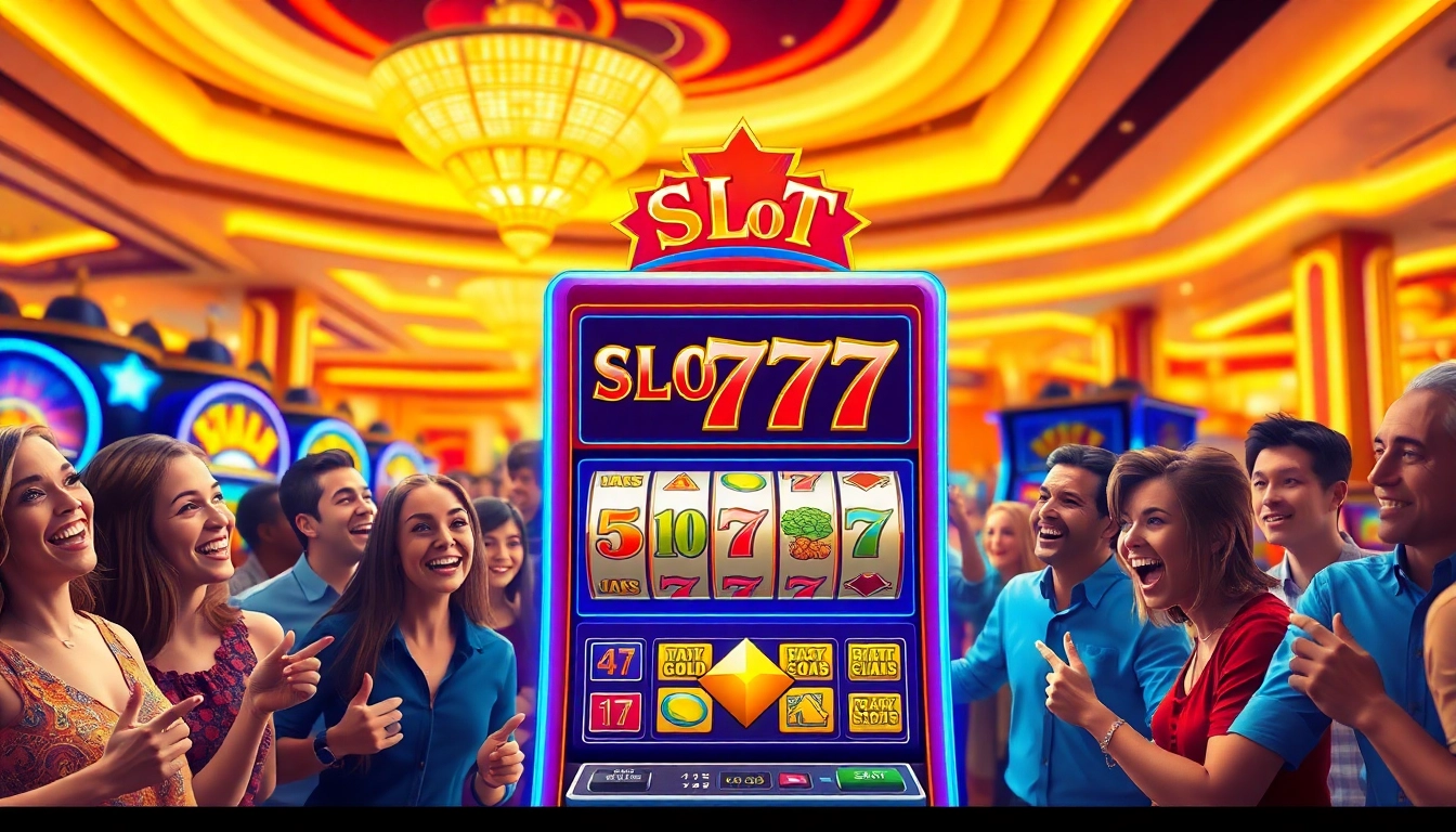 Bermain Slot77 dengan antusias di mesin slot yang berwarna-warni di kasino yang cerah.