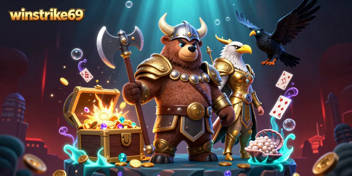 Experience the thrill of winstrike69 as a Viking bear, Valkyrie eagle, and treasure unfold in a vibrant casino scene.