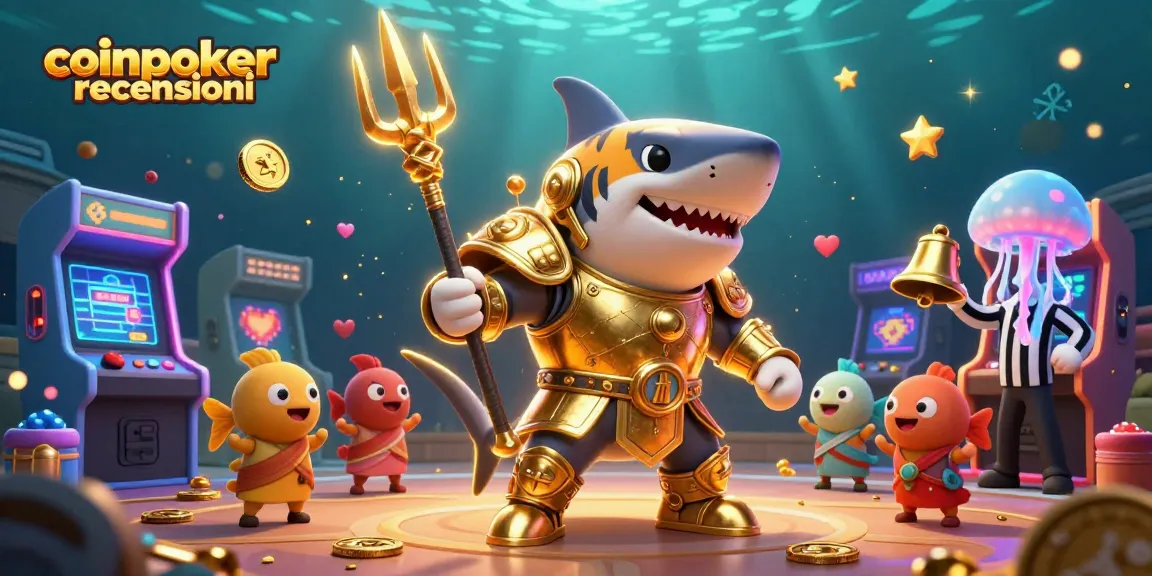 Esplora le recensioni di CoinPoker mentre il pesce gioca a poker in un colosseo sottomarino.