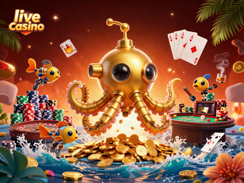 Engage with the live casino scene showing a golden kraken submarine surrounded by vibrant gaming elements.