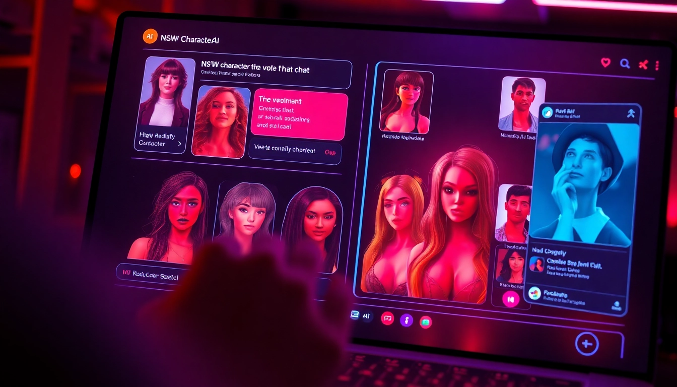Engaging NSFW character AI chat interface with vibrant avatars and ambient lighting.