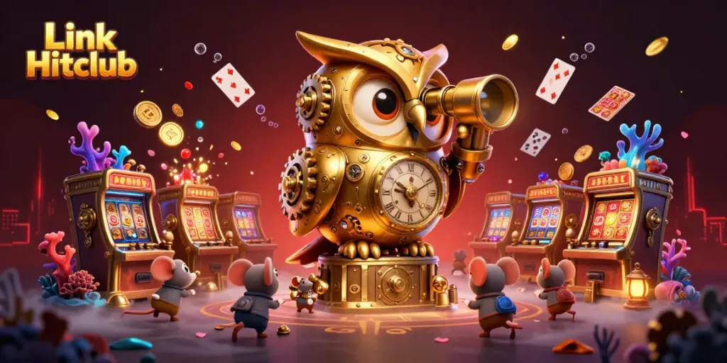 Experience excitement with Link Hitclub's vibrant 3D casino scene featuring a golden owl and bustling activity.