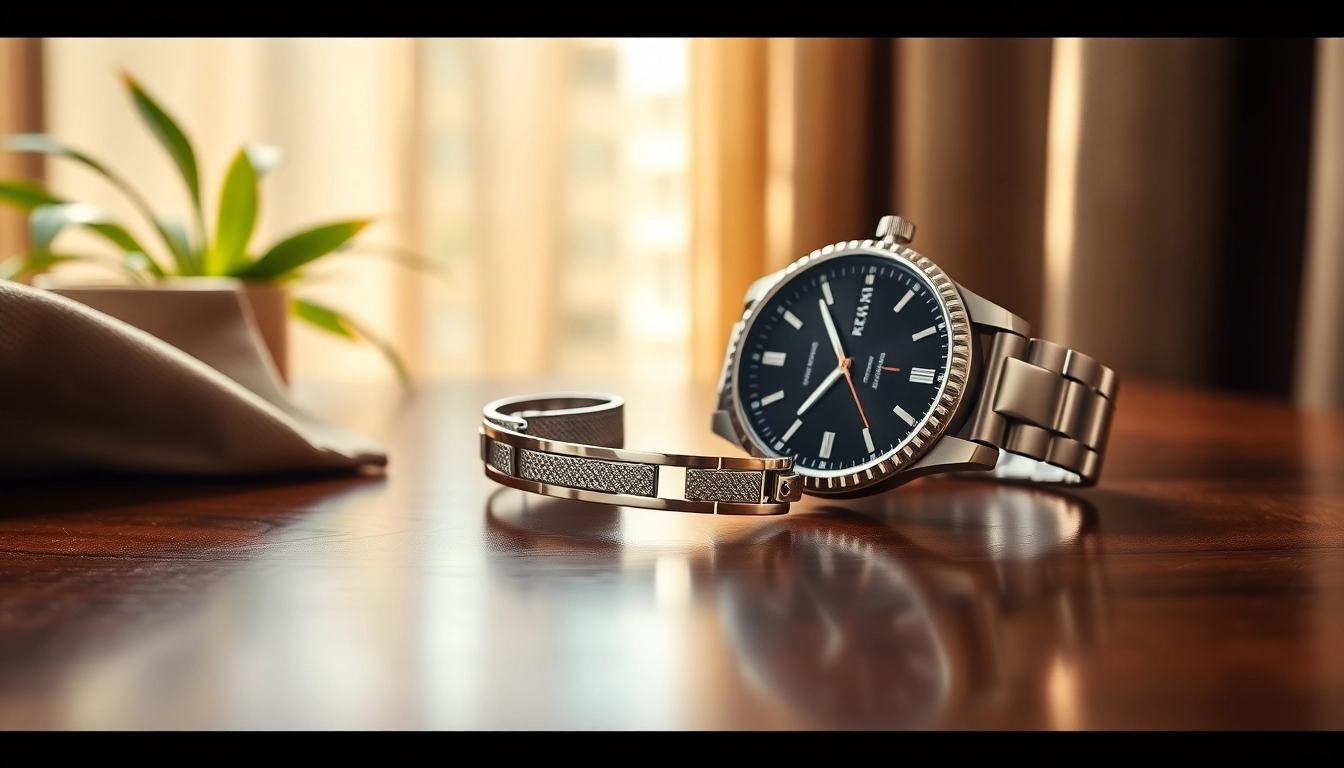 Showcase of men’s jewelry with a focus on modern silver bracelet and classic watch.
